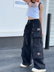 Korean Cargo Pants For Kids Girl Fake Belt Design Pants For Kids Girl Baggy Pants For Kids Girls Wide Leg Pants Loose High Waist 130-160CM