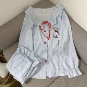 Cozy Big Size Pajama Set for Women Ruffle Long Sleeve Top with Bow and Pants Cute Loungewear LoosePijama Hello Kitty Mujer 5XL