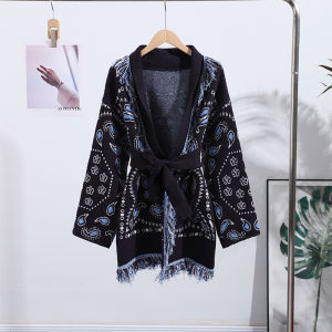Elegant Print Tassel Cardigan Women Belt V-neck Long Sleeve Loose Knitted Sweaters Female 2025 Autumn Winter Chic Knitwears Lady