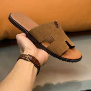 Mens Summer Outdoor Beach Slip-On Shoes Genuine Leather Large Size Flat Heel Rubber Bottom Breathable Pure Color British Style