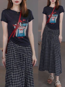 Shalldoer | Summer Outfit Womens Short Sleeve T-Shirt Top And Plaid Mini Skirt Two-Piece Set Fashionable And Stylish Clothing Set