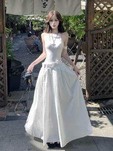 Y6Y | French Elegance Design White Sleeveless Halter Dress Women Summer 2025 New Style Fake Two-Piece A-Line Skirt Standard Fit