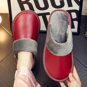 Thickened Genuine Leather Indoor Slippers for Men And Women Anti-Slip Warm Cotton Slippers Waterproof Winter Home Use Slippers