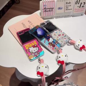 Sanrio | Cute Cartoon Sanrio Hello Kitty Phone Case For Samsung Galaxy Z Flip 7 6 Candy Colorful Hard Cover For Z Flip4 5 With Lanyard