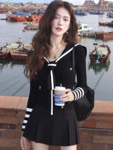 Korean Style Soft Comfy Navy Collar Knit Sweater Unique Design Black Color Commute Fashion High Waist Type Polyester Fiber
