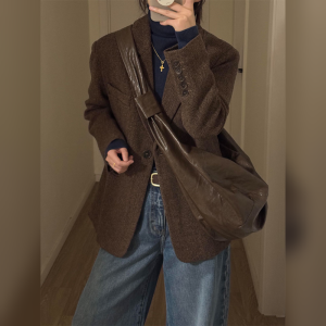 YUFUQING | Elegant Brown Versatile Loose Tailored Jacket Autumn Winter New Style Commute Friendly Polyester Fiber Long Sleeve Polo Collar