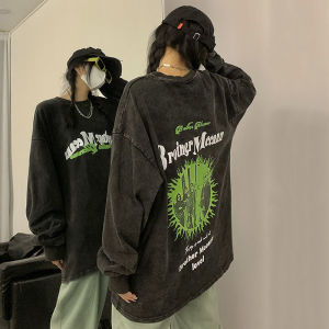 Washed Pure Cotton Long Sleeve T-Shirt American High Street Style Loose Fit Autumn Winter Thin Hoodie for Couples Streetwear