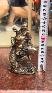 Tượng di lặc ngồi cá chép bằng đồng phong thủy cao 15cm ngang 9cm nặng 0.5kg