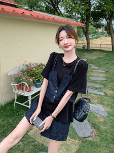 Black Summer Fashion Set Womens Short Sleeve Denim Suit Two-Piece Short Pants Outfit Korean Style round Neck Polyester Fiber