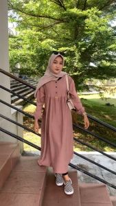 FASHION WANITA MIDI DRESS IFNIE POLO LINEN PREMIUM KANCING