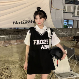 Summer Basketball Uniform Short Sleeve Womens T-Shirt Fake Two-Piece Sweet College Style Printed Splice Thin Medium-Length