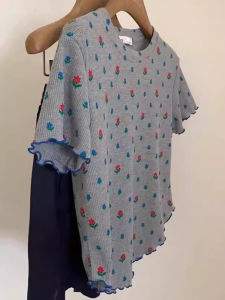 Shenzhen Nanyou High-End Famous Brand Womens Clothing Knitting Lace Shoulder Short Sleeve T-Shirt Female Pastoral Floral Gray Tops