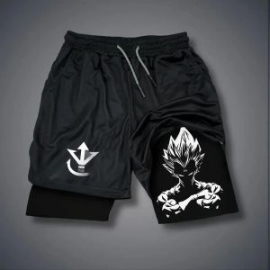 Dragon Ball Mens Shorts Double Layer 2-in-1 Shorts Vegeta Japan Anime Summer Autumn Quick-Drying Fake Two-piece Sports Shorts