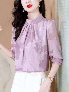 เสื้อเชิ้ตผ้าชีฟองแขนยาวผู้หญิง ทรงหลวม คอตั้ง แฟชั่นสูง ฤดูใบไม้ร่วง 2024 ผ้าฝ้ายโพลีเอสเตอร์ 40-49 ปี