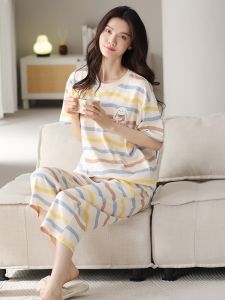 Miiow | Pure Cotton Summer Lightweight Short Sleeve Striped Casual Home Clothes Set For Women Breathable Comfortable Sleepwear