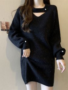 Slimming Midi Knitted Sweater Dress for Women Hollow out Design French Style plus Size Cover Belly Autumn Winter Fashion Dress