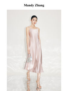 MandyZhang Pink French Style Acetate Strap Dress Womens Summer Elegance High Waist Long Skirt No Sleeve H Version Solid Color