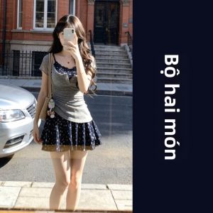 BIFEIMENG | Bộ Đầm Ngắn Tay Phong Cách Ngọt Ngào và Cân Đối Hoa Văn