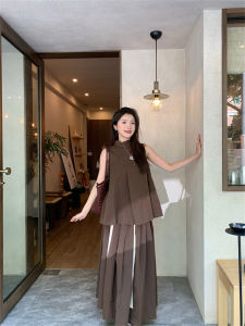 Modern Function Waterproof Vest And Skirt Set Summer Artistic Pleated Stand Collar Sleeveless Vintage Sash Half Skirt Two Piece Set