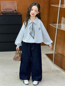 MPW | Trendy Korean Style Girls Spring Autumn Outfit Scarf Hoodie Jeans Two Piece Set Childrens Fashionable Clothing Ensemble