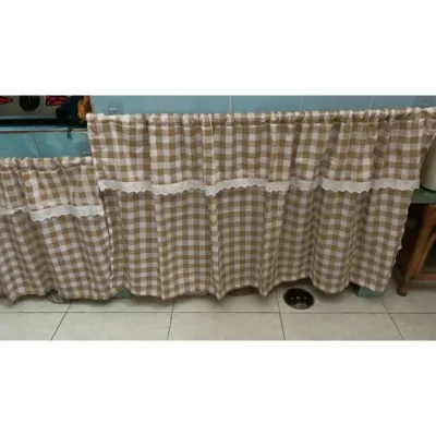 Tirai gordeng kolong dapur meja kompor motif kotak dengan variasi renda bisa rikwes ukuran