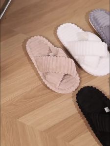 Corduroy Cross Band Home Fluffy Slippers Women Autumn Winter Warm Plush Slides Woman Indoor Bedroom Soft Sole Cotton Slippers