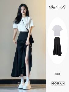 Korean Style Denim Casual Fried Street Summer Clothes Matching a Set of High Waist Hip Fishtail Black Skirt Tops Two-piece Set