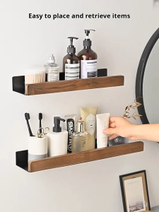 ODOROKU Self Adhesive Bathroom Shelf Wall Mounted Organizer Walnut Solid Wood Floating Corner Shelf with Border for Kitchen Bedroom Laundry Room Light Wood Walnut