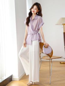 Womens Wide Leg Pants Set Summer 2025 Luxury Sensation Career Womens Fragrance Style Shirt Two Piece Suit Long Pants Short Sleeve Button up