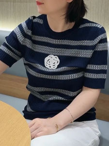 UYFY | Summer New Womens Round Neck Short Sleeve T-shirt Slim Fit Fashion Design Stripe Print Lightweight Top Versatile Casual Wear