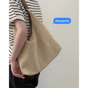 Trendy Retro Large Capacity Straw Woven Handbag Womens Summer 2025 New Style Casual Shoulder Bag Basket Bag Soft Fabric Zipper Closure