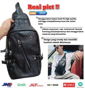 tas selempang pria distro waterproof bahan kulit berkualitas model terbaru warna hitam 2023 / slingbag kulit cowok distro keren anti air motif simpel / tas slempang kulit cowok import murah berkualitas EDR C06