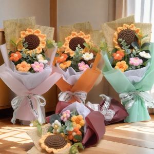 DFGFIN Artificial Flower Crochet Bouquet Eternal Flower Handmade Graduation Bouquet  Anniversary Valentines Day Gift Wedding Guest