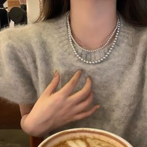 French Vintage Grey Pearl Necklace Womens New 2024 Versatile Elegant Sweater Chain Luxury Minimalist Neck Chain Fashion Jewelry