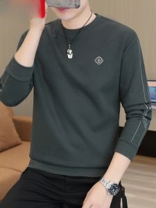 HENGYUANXIANG | Hengyuanxiang Mens Round Neck Long Sleeve Pure Color Embroidery Base Shirt Spring Autumn New Style Trendy Sweatshirt T-shirt