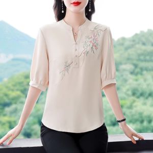 LUCKIN STORE Cotton Linen Tops for women Top for women Linen Embroidery Top Womens Short Sleeve Ethnic Blouse Cotton Linen Shirt 2025 Summer New Plus Size T-Shirt Blouse Women 新年衣服2025 Hanfu women chinese 红色上衣女 cny top
