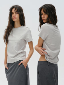 SOLWEIGE | SOLWEIGE Linen Cotton Blend Workwear Pocket Four Button Waist Cinch Design Fitted Shoulder Short Sleeve T-Shirt Summer Commute Style