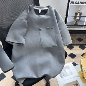 Heavy Weight American Suede Short-Sleeved T-shirt Mens Ruffle Handsome Stylish Flow Patchwork Pocket Top Summer Loose Half-Sleeved T-shirt