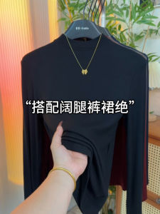 Black Ribbed Cotton Long Sleeve Half High Collar T-Shirt Womens Slim Fit Inner Wear Base Shirt Top for Autumn 2025