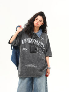 WILDAZI | Design Flip Collar Washed Heavy Denim T-Shirt