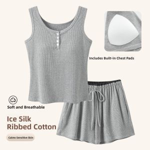 Miiow | Ice Silk Nightgown Womens Summer Sleeveless Vest Shorts Set With Chest Pad 2025 New Outwear Home Clothes Cat Person MiiOW