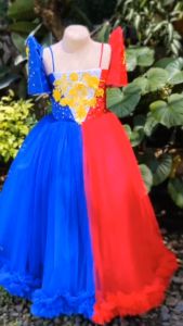 UZZO Philippine Flag Inspired Modern Filipiniana Dress Outfit Ball Gown for Kids School Students Buwan ng Wika United Nations Pageant