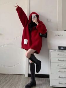 QIANSHUIYIYUN | Stylish Unique Red Lazy Knit Sweater Womens Korean Style Mid Long Sweater