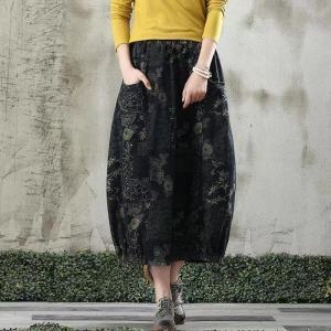 Comfortable Cotton Linen Midi Skirt for Middle-Aged Women Fashionable Printed Loose Fit High Waist Summer Artistic Skirt