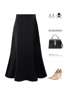 Elegant Fish Tail Skirt Suit High Waist A-Line Midi Skirt Black Acetate Fabric Office Commute Style Womens Autumn New Arrival
