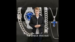 Mens Trendy Hip-Hop Four-Piece Set: Cuban Link Bracelet + Cuban Link Chain + Cross Zircon Necklace + Calendar Quartz Watch - Street Style Watch Gift Box Set Birthday/Holiday Gift for Boyfriend