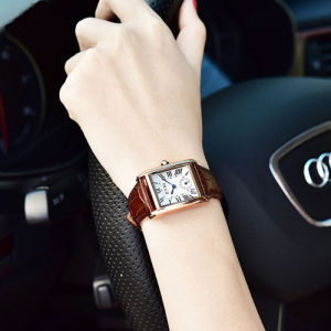 ใหม่นาฬิกาควอทซ์สุภาพสตรีทรงสี่เหลี่ยมสีน้ําตาลของแท้ หนัง สายกันน้ํา สไตล์เรโทร ตัวเรือนสแตนเลส ทันสมัย นาฬิกาทุกคู่