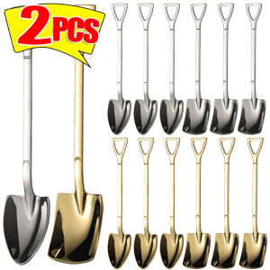 2Pcs Stainless Steel Shovel Spoon Gold Silver Coffee Spoons Ice Cream Dessert Scoops Teaspoon Kitchen Tableware Cutlery Set