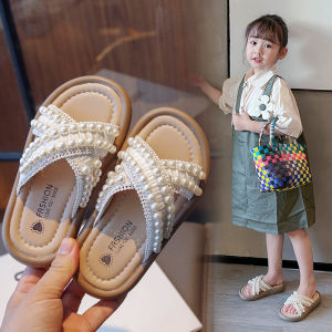 Girls Summer Slip-On Shoes Pearl Decorated Soft Bottom Anti-Slip Childrens Footwear Comfortable Cotton Slippers for Kids