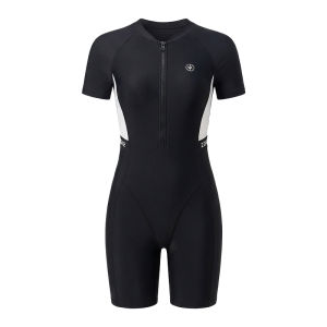 ZOKE | Women Short Sleeve Zipper One Piece Swimsuit Black White Color Block UV Protection Slimming Training